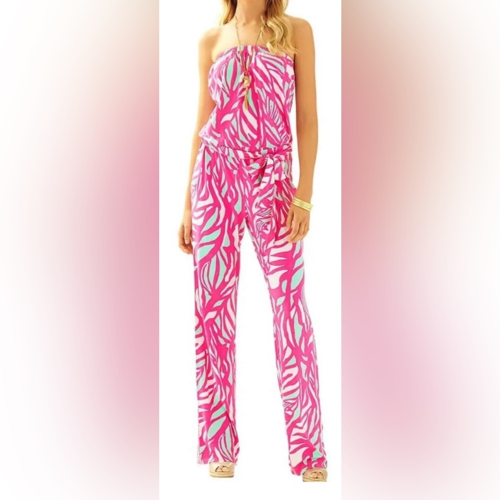 EUC Lilly Pulitzer Tia pink strapless jumpsuit with tie belt. Size Small